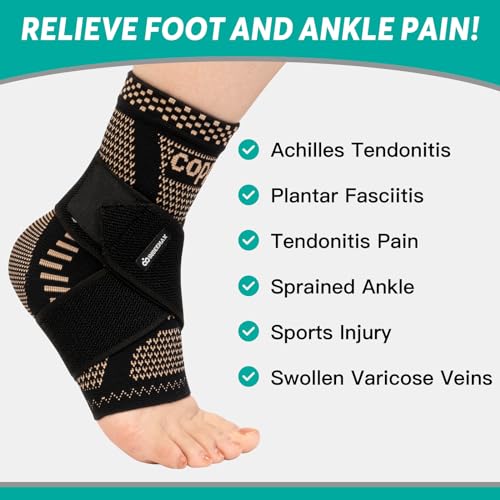 INDEEMAX Ankle Brace for Women & Men, Ankle Compression Sleeve Support Copper Infused Ankle Brace for Sprained Ankle, Plantar Fasciitis Sports, Achilles Tendonitis Pain Relief, Copper Black, M - color: Copper Black, size: Medium