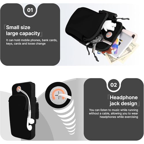 Sports Armband, Universal Running Gym Smartphone Arm Bag with Earphone Hole & Multi Pockets, Black