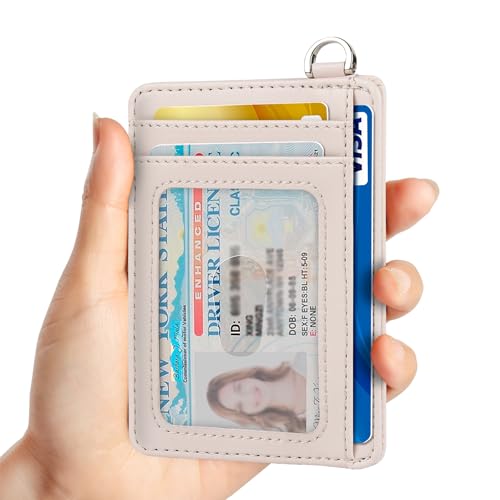 Slim Minimalist Front Pocket Wallet, RFID Blocking Credit Card Holder Wallet with Integrated D-Shackle for Men Women - color: Cowhide Pink Apricot