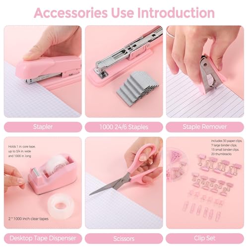 SKYDUE Pink Stapler and Tape Dispenser Set, Pink Office Desk Accessories - color: Pink