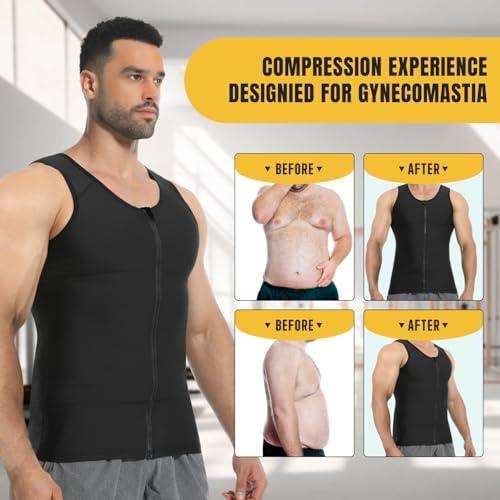 Mens Compression Shirt Zipper, Gynecomastia Tummy Control Vest, Back Support Shapewear Slimming Undershirt - color: Black+white, size: 3X-Large