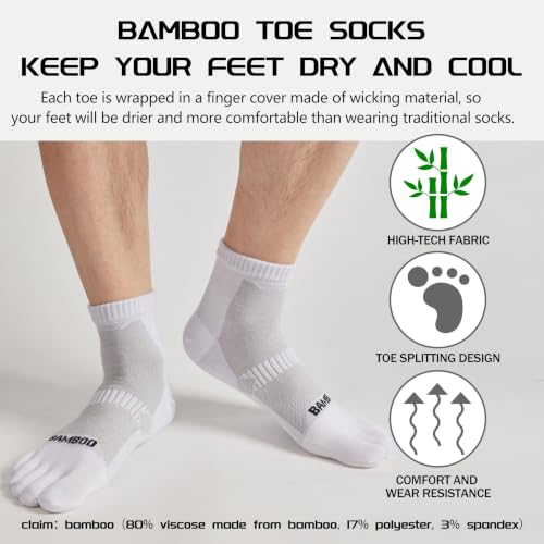 Sunew 3 Pairs Toe Socks for Men Women,Viscose Bamboo Breathable Athletic Running Five Finger Ankle/Quarter Socks - color: 3 Pairs White Grey, size: Medium