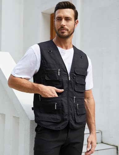 Gihuo Men's Fishing Vest Utility Safari Travel Vests with Multi Pockets - color: Black, size: X-Large