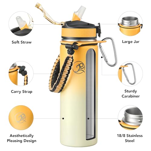 GOSWAG 24oz Insulated Stainless Steel Travel Water Bottle, 2 Lids - color: Ginger Yellow-Beige Ombré