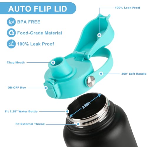 Auto Spout Lid for HydroFlask Wide Mouth Sport Water Bottles, Replacement Lid for Hydro Flask Wide Mouth 12, 16, 18, 32, 40, 64oz, Chug Lid with Flexible Handle, Button Lock, Black - color: Blue