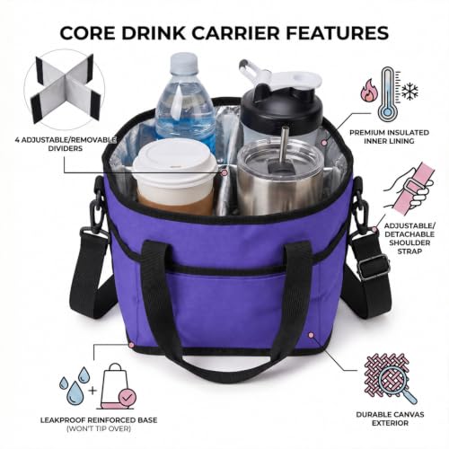 Drink Carrier Tote Bag, Family Size 4 Compartment Drink Carrier - color: Purple