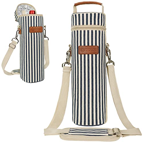 opux Single Bottle Wine Bag Carrier Insulated Cooler Tote, Navy Stripe - color: Navy Stripes