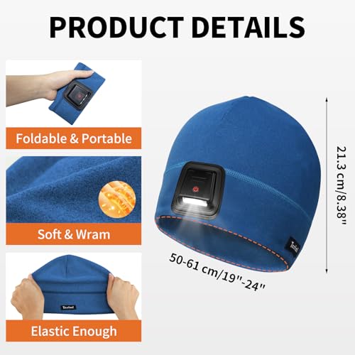 Taximi Led Beanie with Light, USB Rechargeable Headlamp Beanie, Fleece Flashlight Hat for Running, Gift for Men Dad Husband - color: Blue