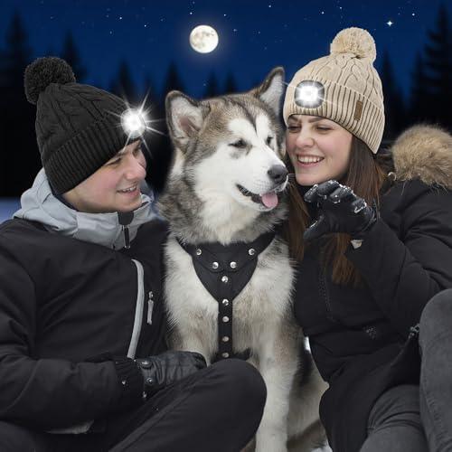 Etsfmoa Winter Hat with Light,Fleece Lined Knit Beanie,Pompom Hat for Women - color: Black
