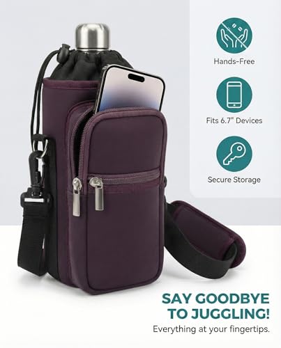 AUPET Water Bottle Sling Bag Sleeve Holder Carrier 25/32/40/64 oz,Insulated Crossbody Water Bottle Case Cover with Strap and Pockets for Men/Women Walking Hiking - color: Dark Cherry Brown, size: 64oz