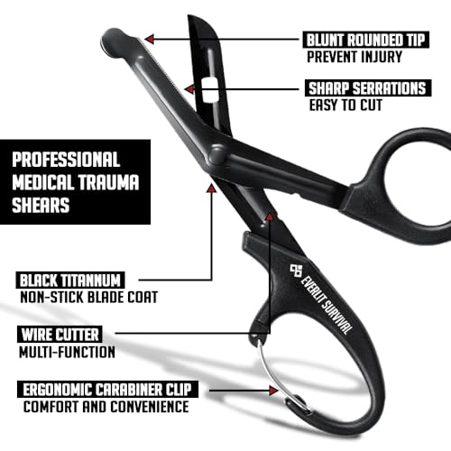 EVERLIT Trauma Shears Black Titanium Coated Non-Stick Blades Stainless Steel Bandage Medical Scissors with Oxygen Tank Wrench (7.5" Fullsize, 1 Pair) - size: 7.5" Fullsize, 1 Pair