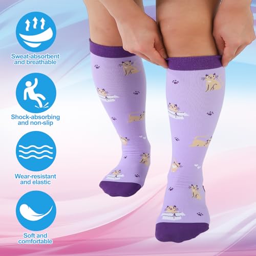 Jspupifip 6 Pairs Plus Size Compression Socks for Women, Wide Calf - color: Pink, Purple, White, Blue, Black, size: XX-Large