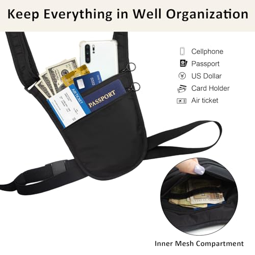Long Keeper Money Belt for Travel Anti-Theft Crossbody Passport Holder for Women Men Hidden Slim Neck Wallet Under Clothes (Black)