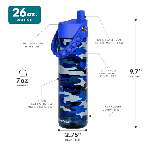 Elemental Splash 26oz Tritan Plastic Water Bottle with Straw & Pop-It Strap - color: Blue Camo, size: 26 Ounces
