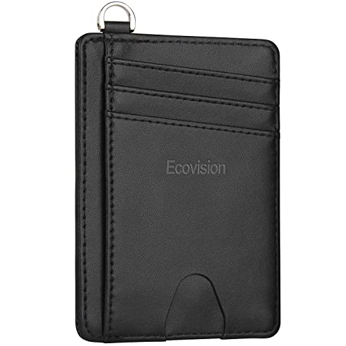Slim Minimalist Front Pocket Wallet, RFID Blocking Credit Card Holder Wallet with Integrated D-Shackle for Men Women - color: Cowhide Black