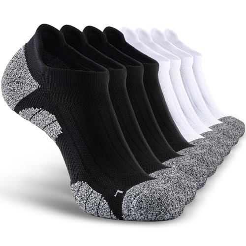 Men's No Show Compression Athletic Socks, Cushioned for Running Hiking - color: Black-4 & White-4 (8 Pairs), size: Large