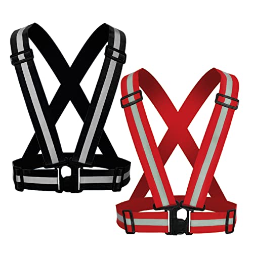 Reflective Strap Safety Vest Gear - 2-10 Pack Adjustable High Visible Reflective Running Gear for Women Men Night - color: Black+Red