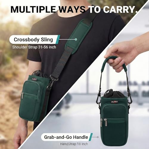 AUPET Water Bottle Sling Bag Sleeve Holder Carrier 25/32/40/64 oz,Insulated Crossbody Water Bottle Case Cover with Strap and Pockets for Men/Women Walking Hiking - color: Dark Emerald Green, size: 64oz