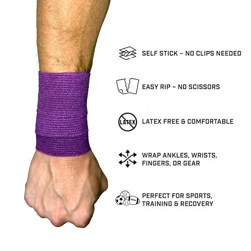 Self Stick Athletic Tape – 2” x 6.5 Yards – Latex-Free, Easy Rip Sports Wrap for Football, Baseball, Soccer, Wrist, Ankle, Finger & Injury Support (Purple) - color: Purple