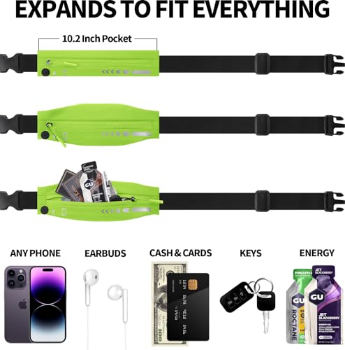 USHAKE Slim Running Belt Women Men, Bounce Free Fanny Pack Phone Holder - color: Neo Green