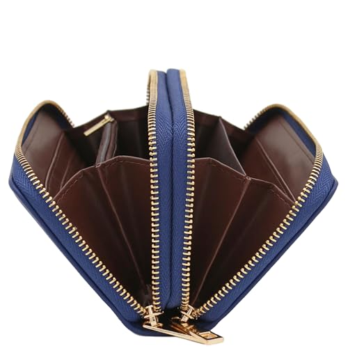 FashionPuzzle Double Zip Around PU Leather Wristlet Cell Phone Wallet - color: Navy