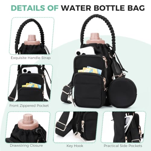 Crossbody Water Bottle Bag with Shoulder Strap for Women, Black - color: Black