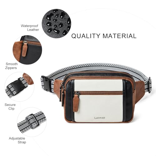 LATMAP 3L TRIPLE ZIP Fanny Packs Belt Bag For Women Men Crossbody Waist Pack Sling Chest Bum Travel Bag Purse Faux Leather Fashion Cute Black - color: Black & White W/ Brown Trim