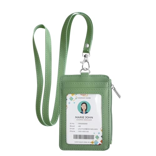bolimoss 2-in-1 ID Badge Holder & Lanyard Wallet, Leather ID Name Badge with Side Zip Pocket for Teacher, Student, Women Small Wallet with Removable Neck Lanyard, Clear Window, 5 Card Slots,Lime Green - color: Lime Green