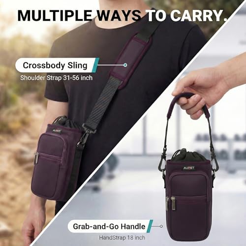 AUPET Water Bottle Sling Bag Sleeve Holder Carrier 25/32/40/64 oz,Insulated Crossbody Water Bottle Case Cover with Strap and Pockets for Men/Women Walking Hiking - color: Dark Cherry Brown, size: 40oz
