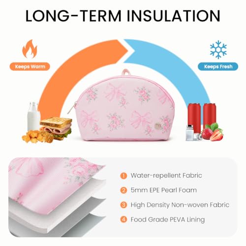MEXS Small Cooler Bag, Freezable Snack Bag for Kids & Adults, Small Insulated Lunch Bag with Upgraded Thicker Ice Pack, Reusable Mini Cooler for Work/School/Travel - color: Pink Bow