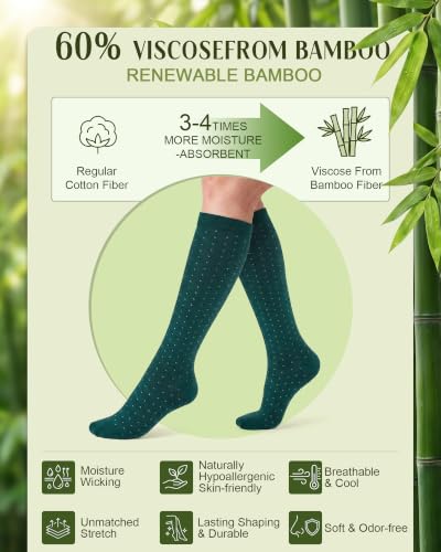 Bamboo Viscose Compression Socks|4Pairs 15-20mmHg Knee High Socks - color: Green, size: Small-Medium