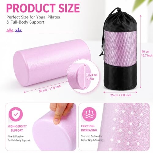2 Pcs High-Density Epp Foam Roller 12"x6", Portable Round Roller with 2 Carry Bags for Pilates, Yoga, Muscle Recovery Set for Physical Recovery, Stretching, Legs, Back, Pink & Purple Roll