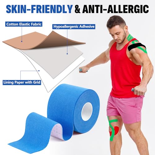 5 Rolls Kinesiology Tape, 5 Colors 2 inch x 16.4 Feet Waterproof Athletic Tape, Uncut Kinetic Tape, Elastic Muscle Tape, Sports Tape, Knee Tape for Exercise and Daily Use - color: Skin Colour, Light Blue, Green, Roseo, Black