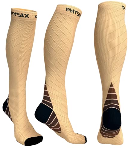 Physix Gear Compression Socks 20-30 mmHg - Men & Women - Running, Nurses, Shin Splints, Flight, Travel - color: Nude/Beige, size: Small-Medium