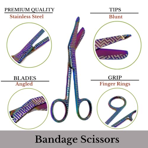 Bandage Scissors 5.5" Long Set of 6 Nurse Vet Tech Gift Made of Stainless Steel with Colorful Patterns First Aid Used For Cutting Gauze Tape Clothing Bandages Vet Wrap Adhesive Removal (Set 8) - style: Set 8