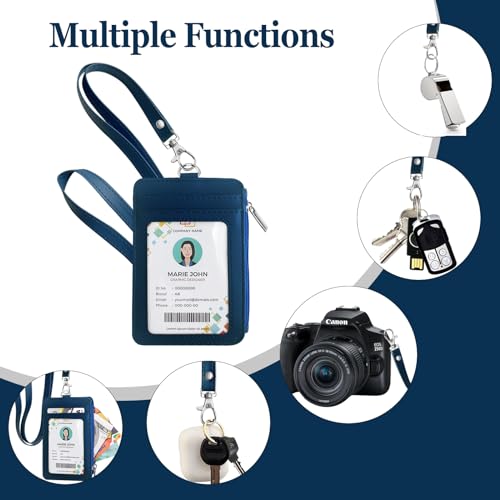 bolimoss 2-in-1 ID Badge Holder & Lanyard Wallet, Leather ID Badge Card Holder Wallet with 5 Card Slots, 1 Side Zipper Pocket,Detachable Keychain Lanyards for Office Worker School Teacher, Navy Blue - color: Navy Blue