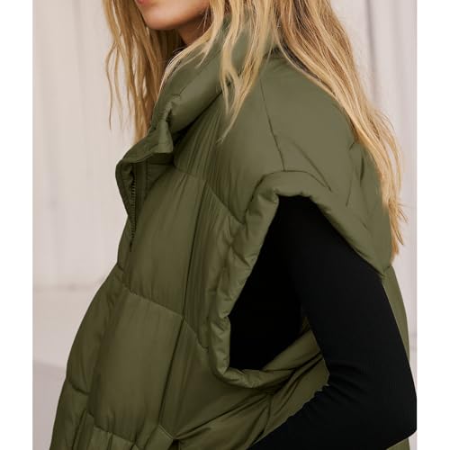 Songling Womens Oversized Puffer Vest Stand Collar Full Zip Sleeveless Bubble Puffer Vest Quilted Padded Warm Coat Outwear - color: Army-green, size: Small