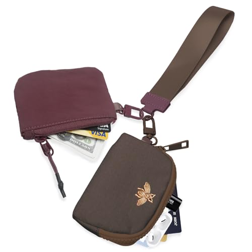 COOLANS Mini Wristlet Wallets Dual Pouch,Around Wristlet Handbag Wallet for Women Zip Cards Holder,Wristlet Bracelet Purse - color: Wine Red&brown