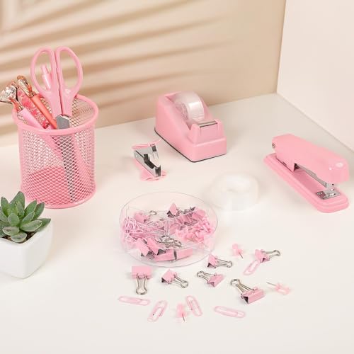 SKYDUE Pink Stapler and Tape Dispenser Set, Pink Office Desk Accessories - color: Pink