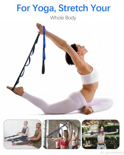 10 Loop Yoga Stretching Strap for Physical Therapy - Non-Elastic Exercise Band for Pilates, Yoga, Stretching for Women & Men - color: Black+Blue