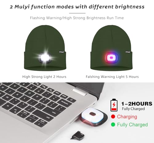ATNKE LED Lighted Beanie Hat,USB Rechargeable 4 LED Red and Blue Flashing Running Headlamp Cap Gifts for Men and Women - color: #Dark Army Green
