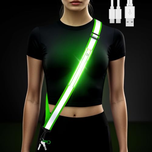 LED Belt Reflective Sash for Walking at Night, High Visibility Reflective Running Gear Night Walking Safety Gear LED Light Up Running Belt Reflective Gear for Runners Walkers Men Women - color: Green