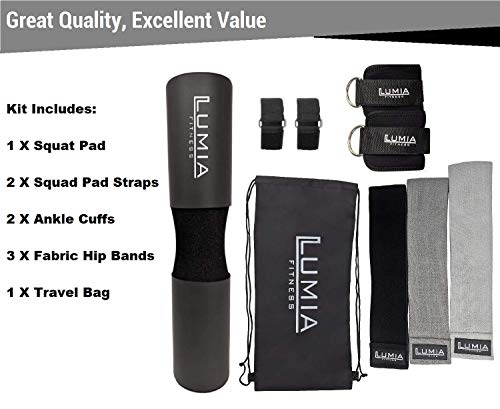 7 Piece Glute Workout Kit, Barbell Squat Pad, 3 Fabric Resistance Bands, 2 Ankle Straps, Carry Bag - Gym Accessories for Men and Women