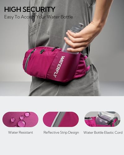 WATERFLY Water Bottle Fanny Pack, Hiking Hydration Belt for Women Men - color: Rose Red
