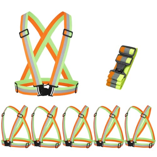 5 Pack Reflective Safety Vest for women, men and kids, Lightweight & Adjustable hi vis vest for Running, Cycling, Rucking - color: Neon Green/Orange