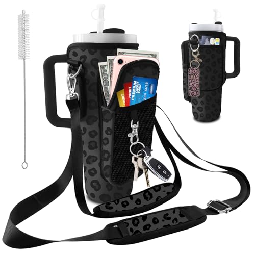Stanley Carrier Bag for Stanley 40oz/30ozTumbler with Phone with 2 Adjustable Strap,3 Pockets Bottle Stanley Cup Carrier Bag & Case,Accessories for Hiking Travelling - color: Leopard Print Black