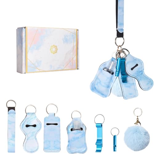 8 Piece Safety Keychain Set for Women, Blue Neoprene Wristlet Strap with Pom Pom, Whistle, Bottle Opener, Lipstick Holder, and Empty Bottle, 8-in-1 Utility for Students and Night Runners