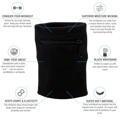 Suddora Zipper Wrist Pouch - Sweatband/Wristband Wallet for Keys, ID, Cards, Cash - color: Black