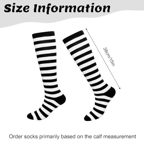 Gvhntk Knee High Striped Socks Long Thin Tube Sports Compression Socks Casual Stripe Tube Stockings for Running - color: Black and White