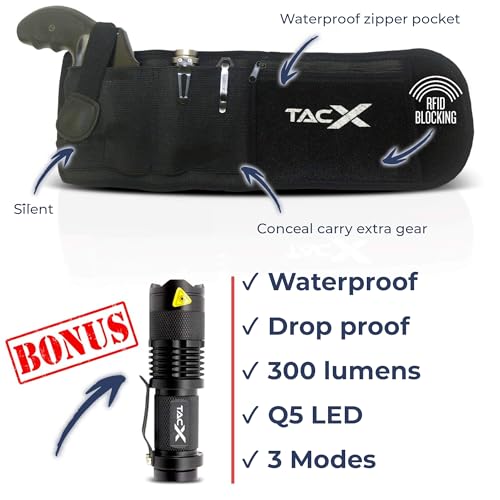 Belly Band Holster for Active Concealed Carry | Universal Design | IWB/OWB Pistol Belt | RFID Blocking Water Proof Zipper Gear Pocket | Spare Mag Pouch | Running, Hiking, Jogging